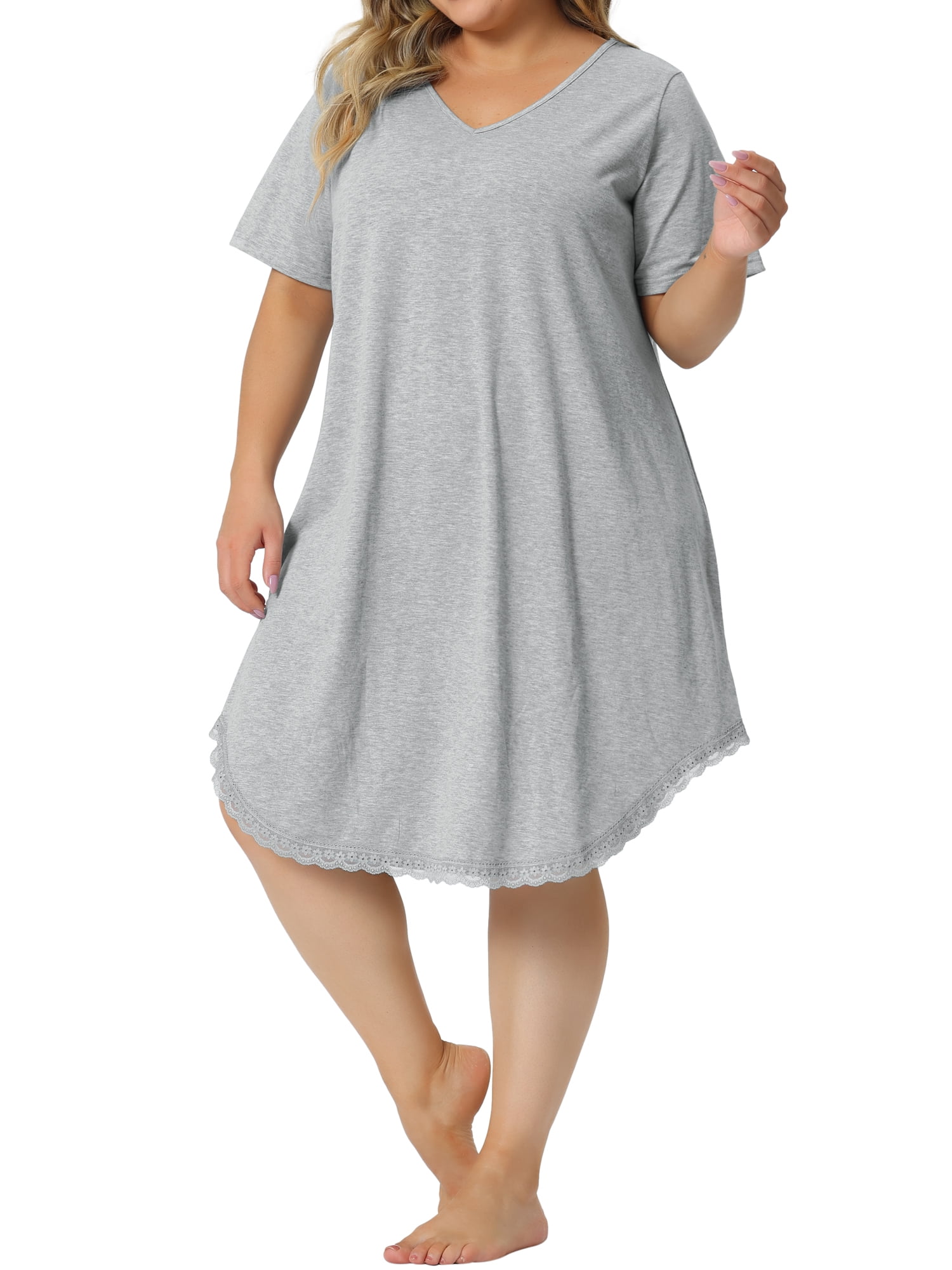 Unique Bargains Women's Plus Size V Neck Lace Trim Hem Loose Nightgown Sleepwear Pajamas 2X Light Gray