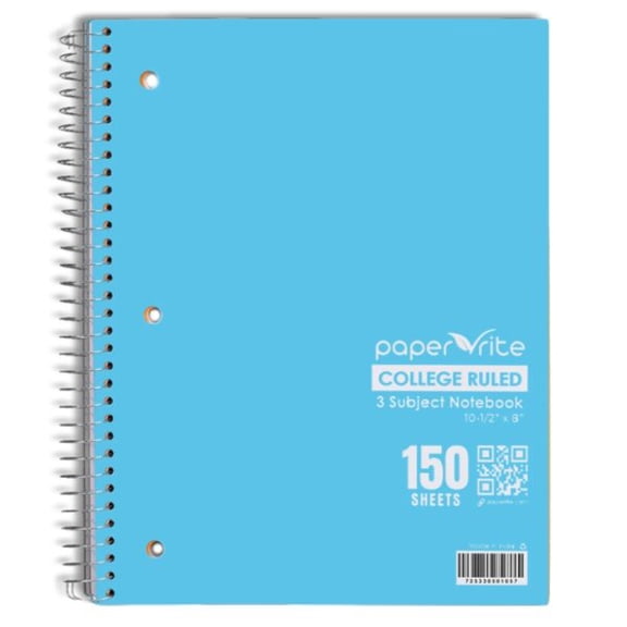 Paper Rite 3 Subject College Ruled Notebook | 150 Sheets | 10.5 x 8.5 in | Pastel Blue