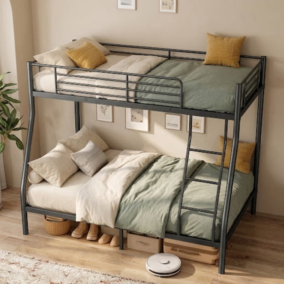 Garitin Twin Over Full Metal Bunk Bed (Litera), Double Decker Stacked Bed Frame with Ladder & Safety Guardrail for Kids Teens Adults, Black
