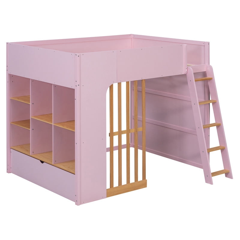 Full Size Kids Loft Bed with Shelves, Wooden High Profile Teens Storage Bed Frame with Ladder and Removable Large Drawer