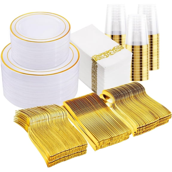 350PCS Gold Plastic Plates, Disposable Dinnerware Sets for 50 Guest - 100 Disposable Plate, 150 Plastic Silverware, 50 Cups, 50 Napkins for Wedding & Party & Christmas (Gold 350PCS)