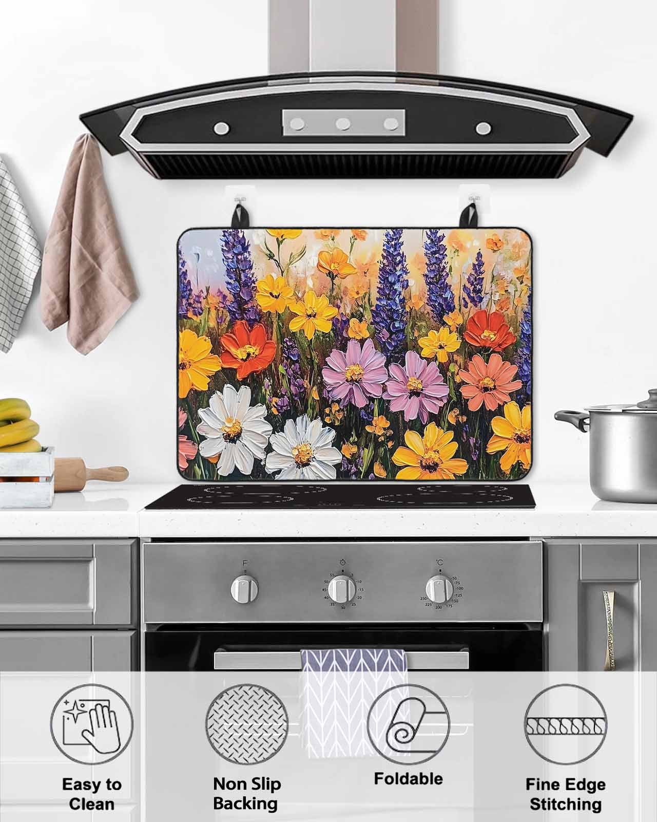 nqOlkjepod Large Induction Cooktop Protector Mat 36"x21", Colorful Flowers Stove Top Covers for Electric Stove, Modern Botanical Floral Oil Painting Stove Burner Cover Mats, Glass Top Stove Cover