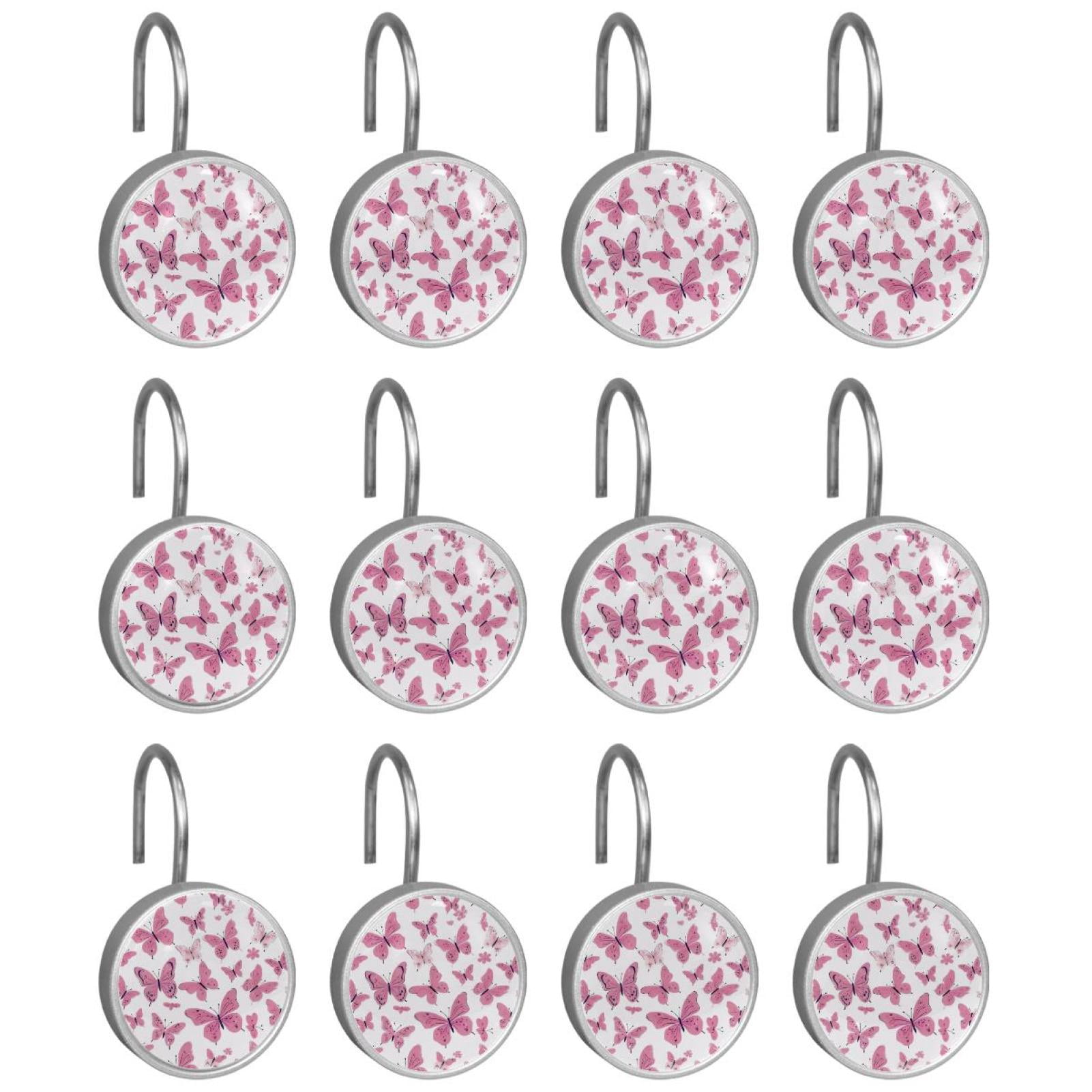 12pcs Decorative Shower Curtain Hooks, Rust Resistant Shower Rings for Bathroom Living Room,Rustproof Stainless Steel Rings for Shower Curtain and Liner Rods,Butterflies Pink