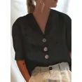 thumbnail image 2 of Camisa de lino y algodón para mujer, cárdigan de un solo pecho con solapa, blusa informal de media manga con burbujas, estilo Simple, Color sólido, nuevo, 2 of 4