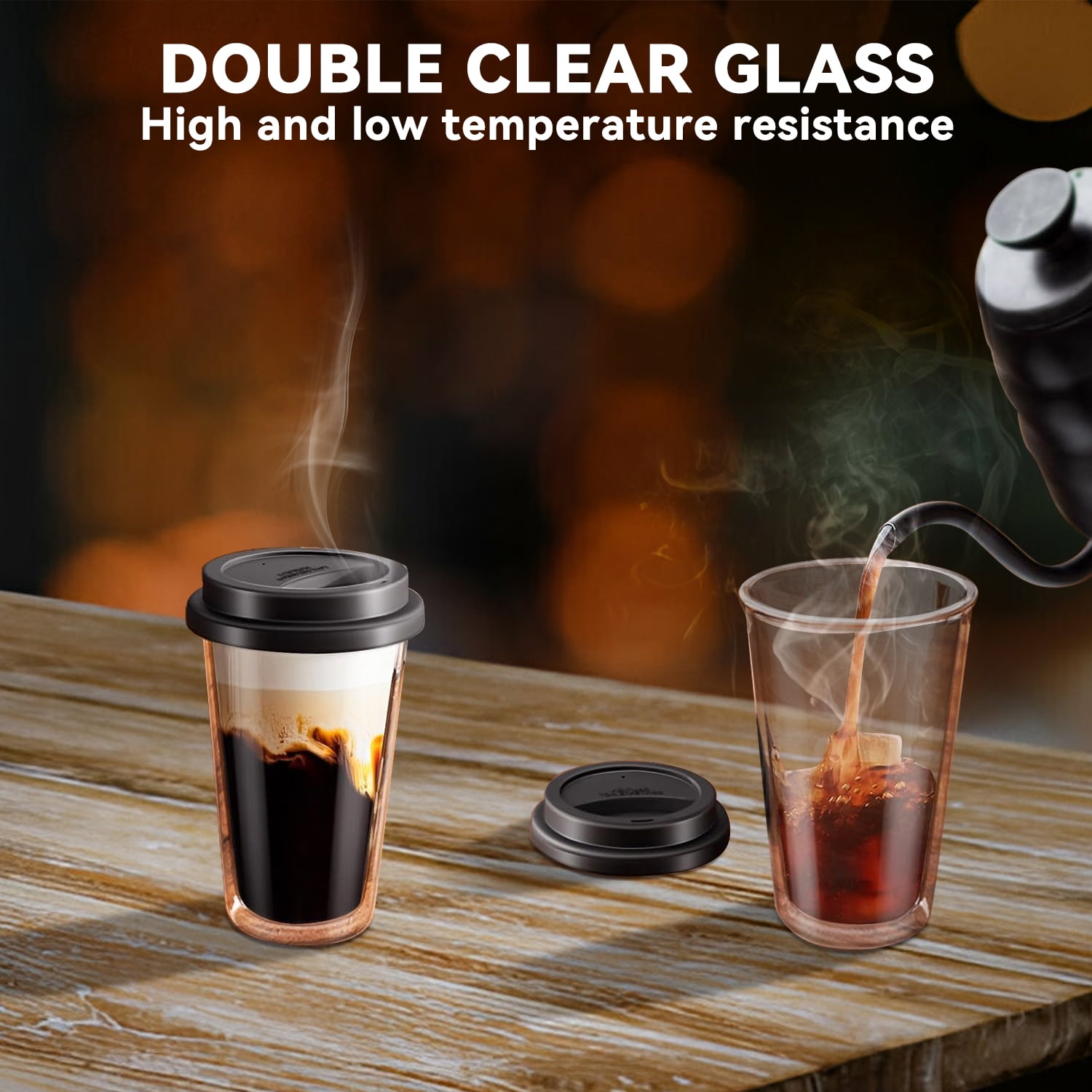 2 Piece 12oz Double Glass Coffee Mugs with Silicone Lid,Drinking Insulated Coffee Cups with Lid,clear,Dishwasher Safe Reusable