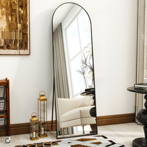Anyrose 59.1"x16" Arched Full Length Mirror Metal Frame Floor Mirror with Stand, Black