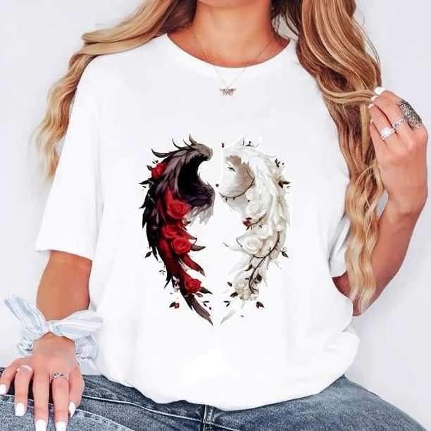 Women's Polyester Crew Neck T-Shirt, Casual Style, Regular Length, Knit Fabric, with Faith Two Color Wings Print, for All Seasons, Short-sleeved, Round Neck, Women's Clothing