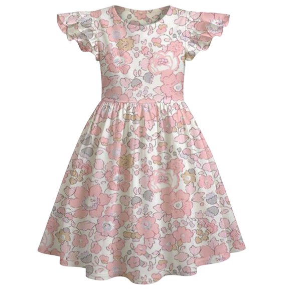 Bainana Dresses For Girls Toddler Floral Print Ruffled Sleeve Crew Neck Dress Breathable Soft Little Girls Summer Holiday School Casual Loose Fit Dress Pink Size 3-4 Years