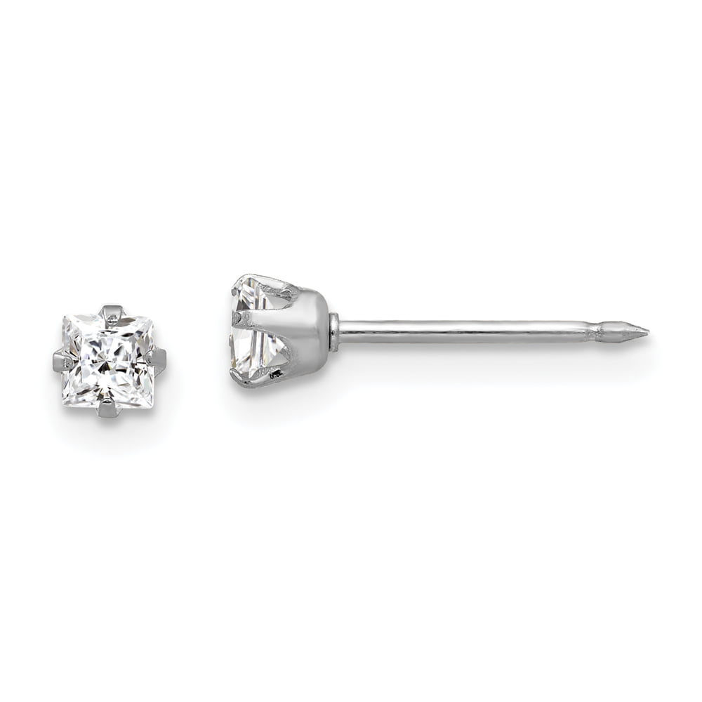Stainless Steel Polished 3mm Princess Square CZ Stud Post Earrings