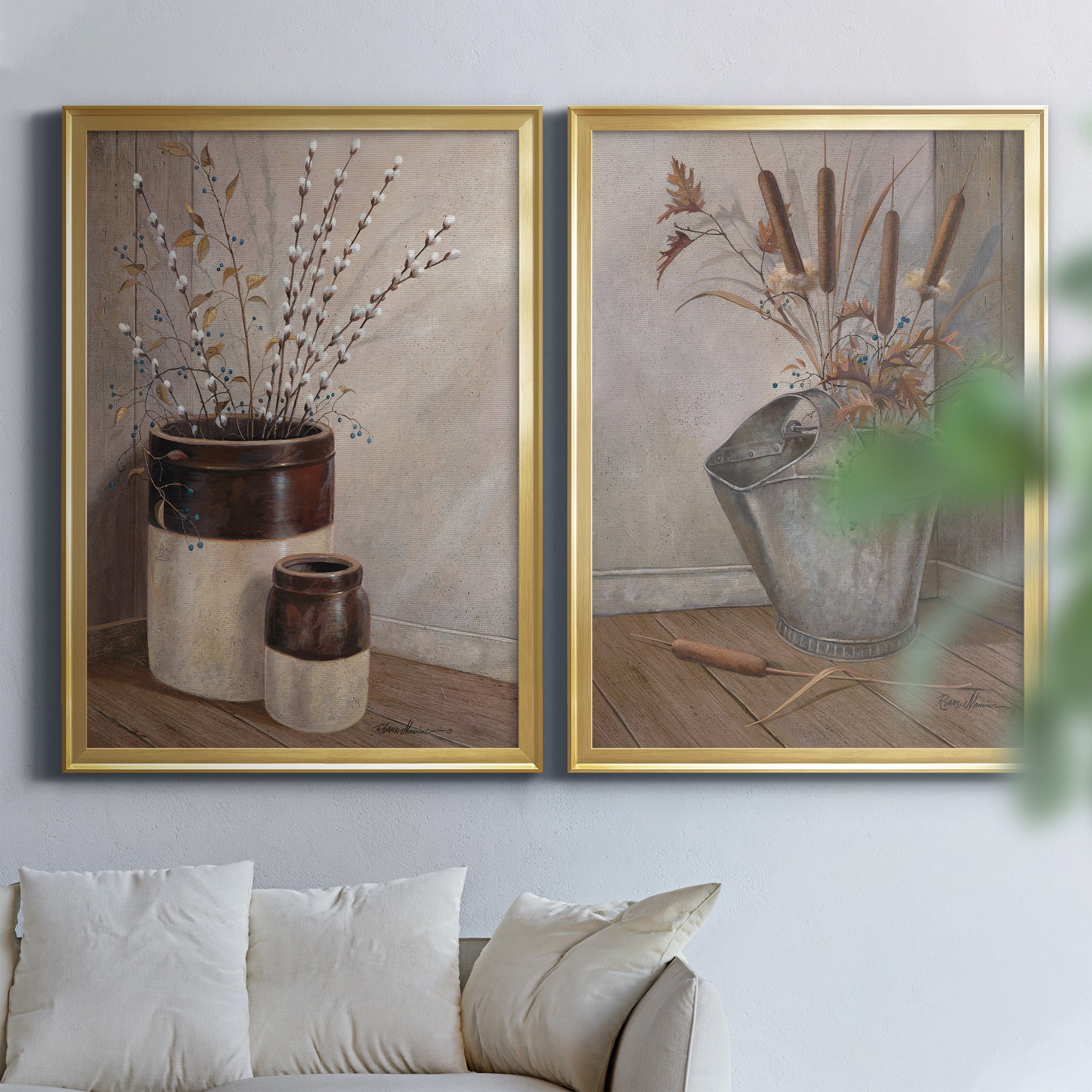 2 Piece Set Pussywillows & Spring Premium Framed Canvas - Ready to Hang - 26.5 x 36.5 Each - Gold Frame