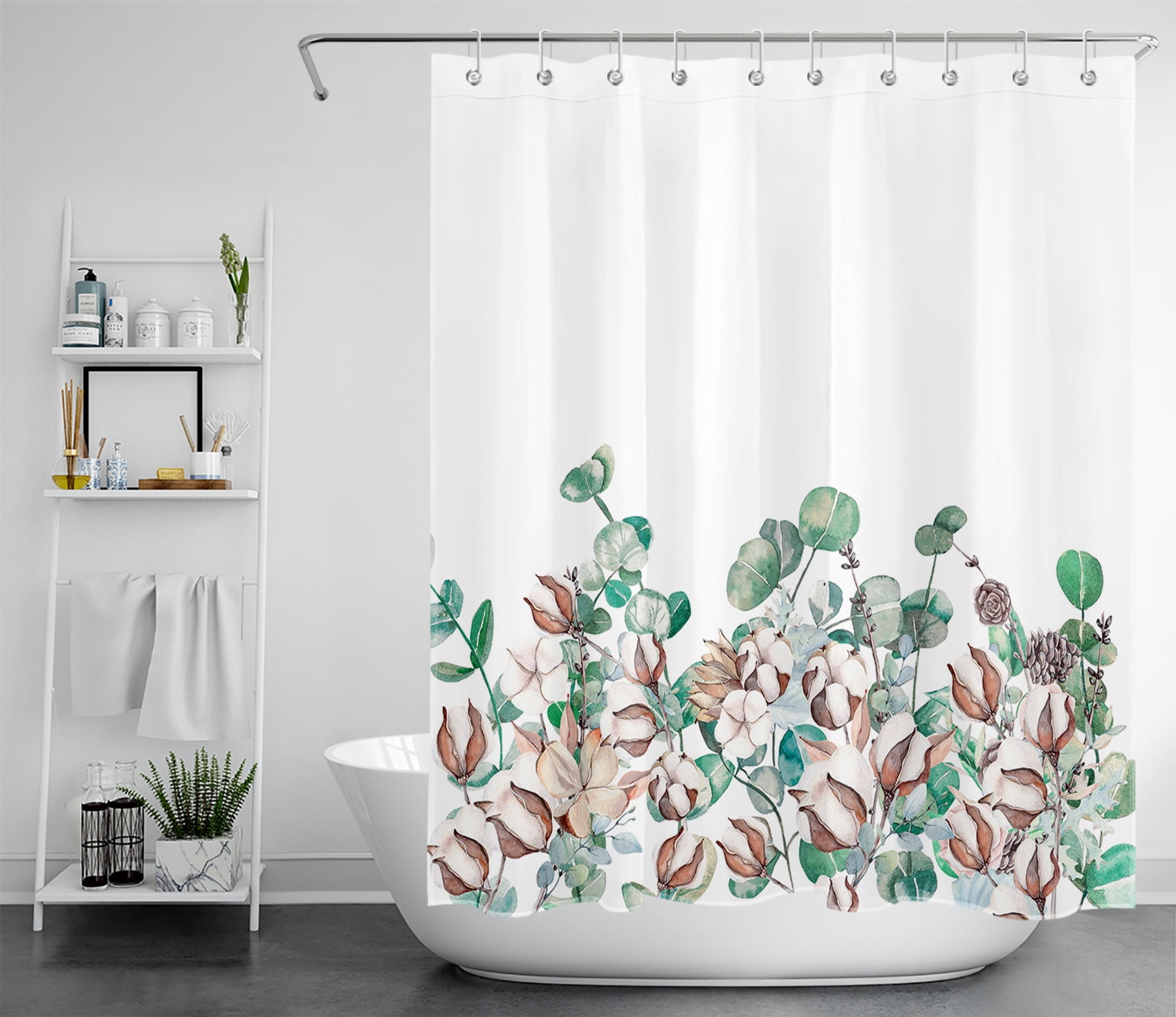 HVEST Country Cotton Flower Shower Curtain , Watercolor Plant Eucalyptus Green Leaves and Cotton Floral Shower Curtain Rustic Style Bathroom Polyester Fabric Decor Curtain with Hooks, 60X72 inch