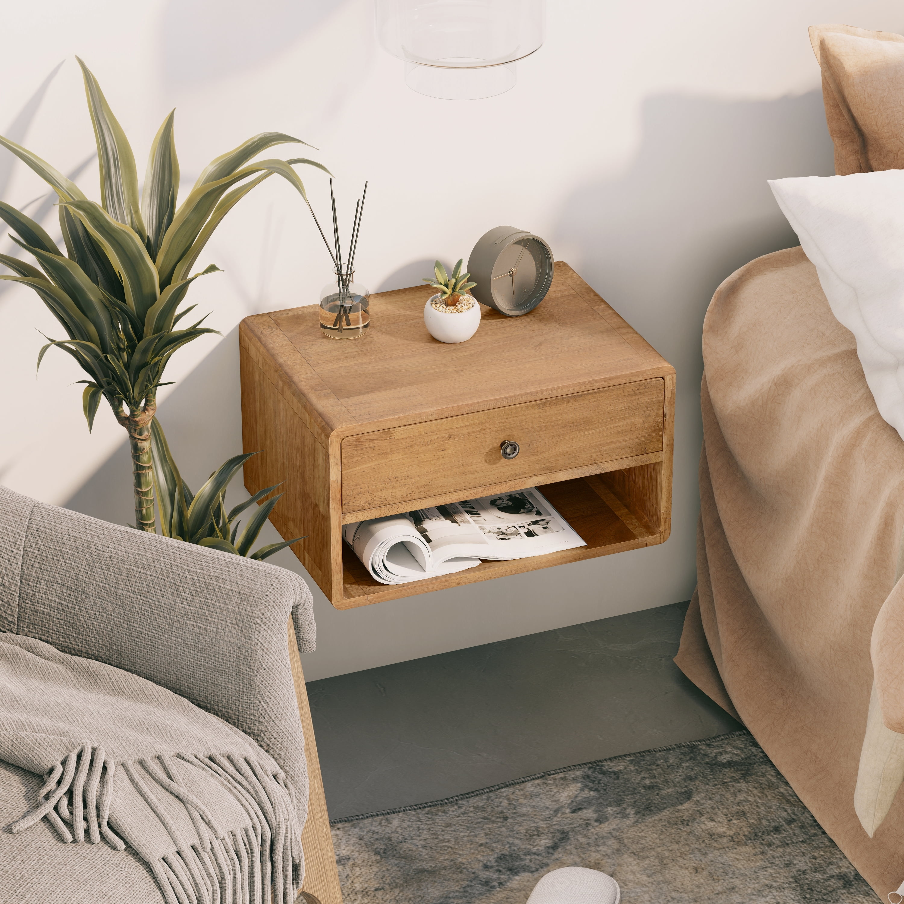 COZAYH Farmhouse Rubber Wood Floating Nightstand with Drawer and Open Shelf, Transitional Wall Mounted Side Table with Open Slot for Bedroom, Fully Assembled (Natural)