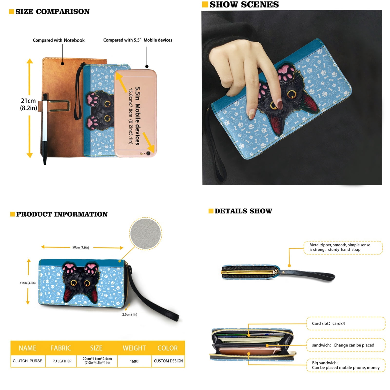 ZUXONGSY Black Cat Paw Print 2 Pieces Purses and Handbags Set for Women Portable Work Bag Satchel Handbags Large Capacity Shoulder Bag with Cash Wallet for Outings Travel Tours