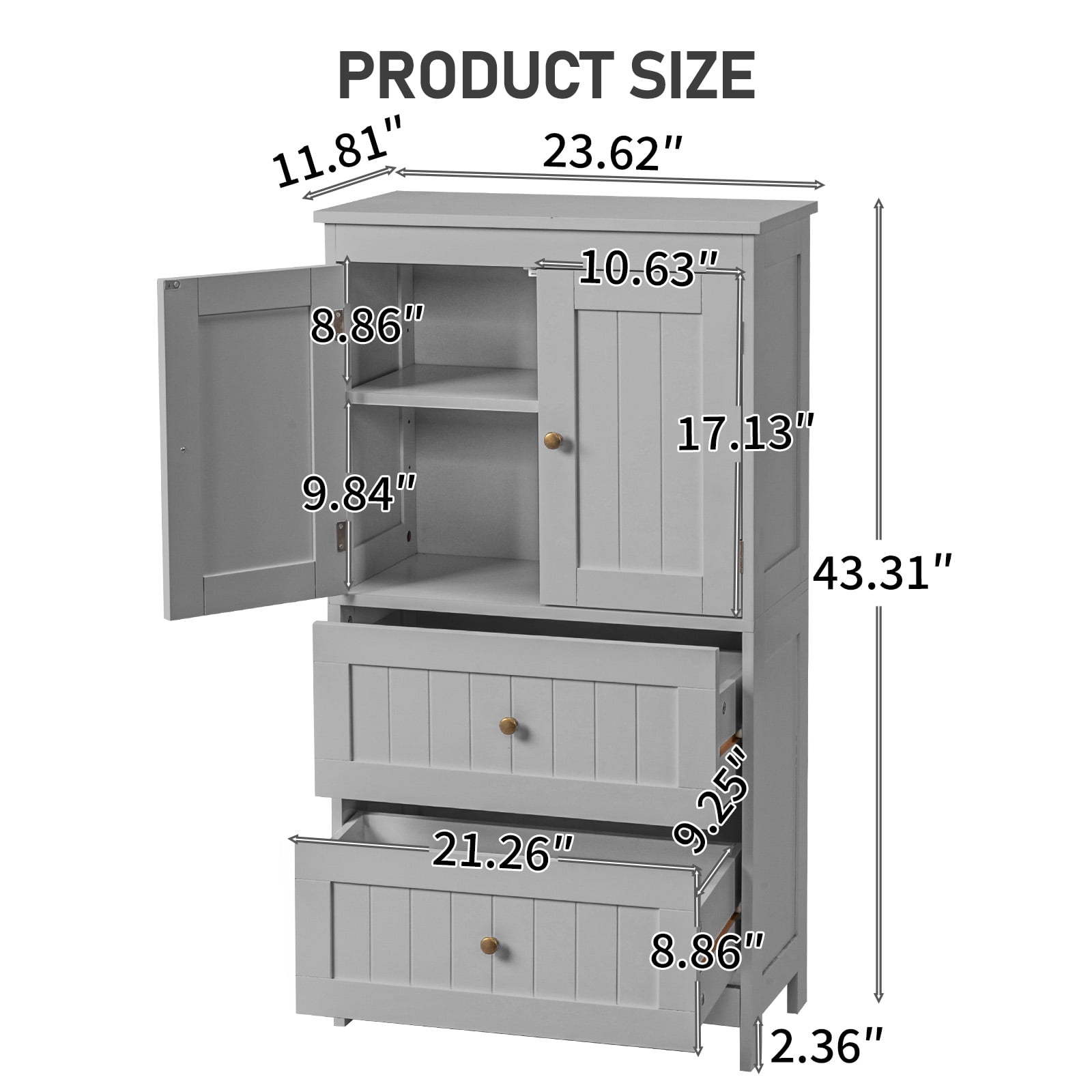 2-Drawer 2-Door Vertical Bathroom Cabinet, Grey, 23.62 x 11.81 x 43.31 in