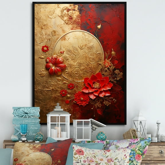 Designart "Floral Japanese Tiles in Gold and Red II" Abstract Framed Wall Art - Modern Red Abstract Botanicals Entryway Framed Wall Art Print