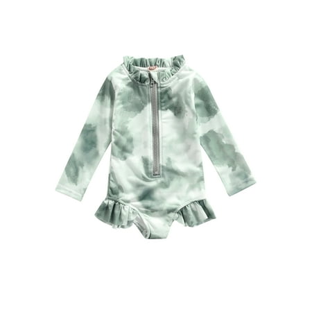 

Canrulo 4 Colors Summer Kids Girls Swimwear Tie-Dye Printed Ruffles Long Sleeve Zipper Beachwear Outfits Lake Green 2-3 Years