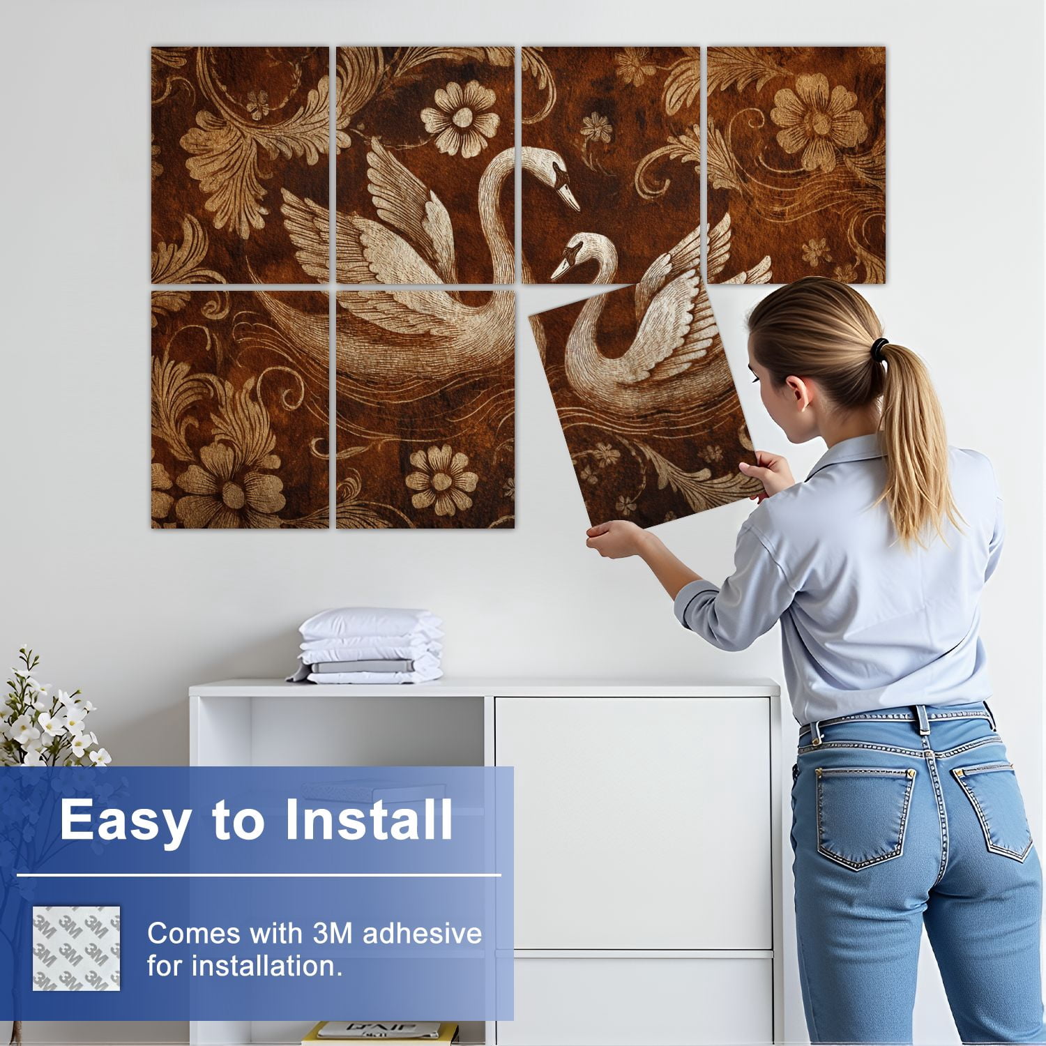 8 Pack Art Acoustic Panels Sound Absorbing Vintage Textured Romantic Swan Couple Victorian Framed Swan Art Decorative Soundproof Wall Panels Self Adhesive for Studio Home Office 48"x32"