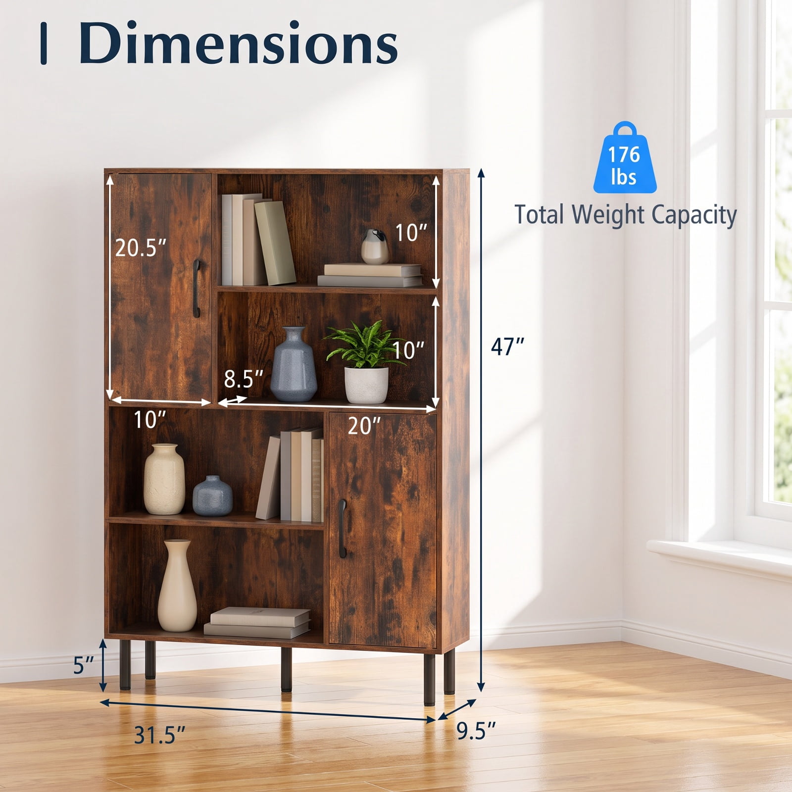 Furnibear 47 Inch Storage Cabinet Freestanding Bookcase with 2 Doors and 4 Open Shelves for Living Room Home Office Bedroom Display, Rustic Brown