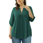 VERABENDI Women's Plus Size Tops 3/4 Sleeve Shirts Dressy Casual Metal Buckle V-Neck Tunic Blouses,M-4XL