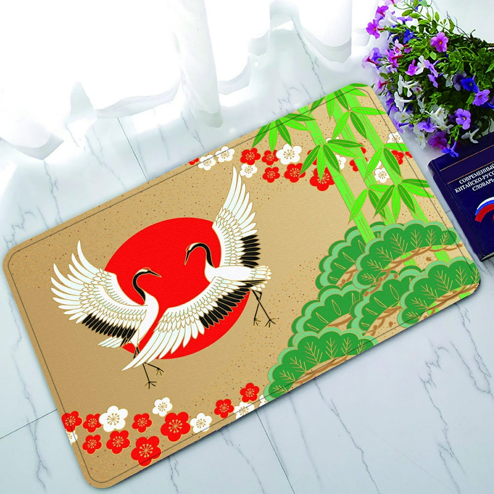 PHFZK Asian Doormat, Japanese Style with Cranes and Pine Bamboo Doormat