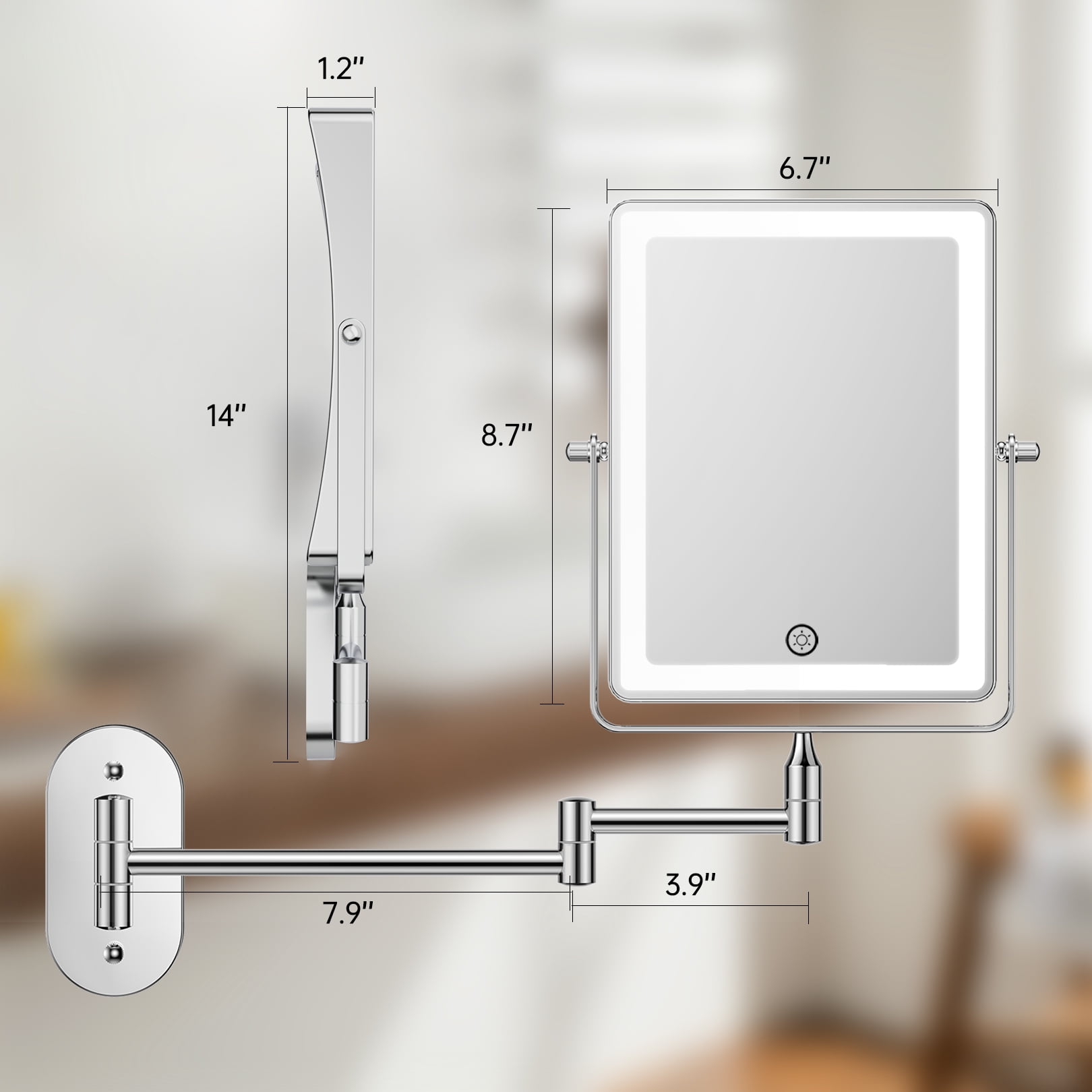 Funtouch Double Sided 1X 10X Magnifying Wall Lighted Mounted Makeup Mirror with Extended Arm, 360° Swivel Foldable, 3 Color Settings, Chrome