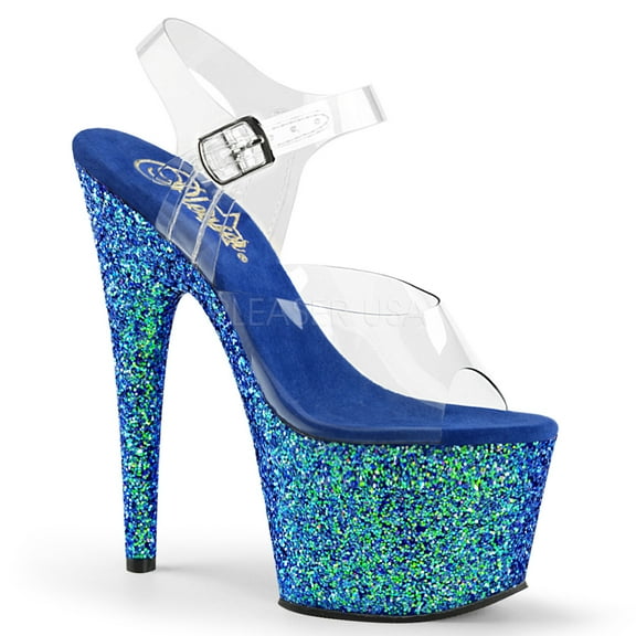 7" Heel, 2 3/4" PF Ankle Strap Sandal w/ Holo Glitter Bottom - Clr/Blue Holo Glitter, 11