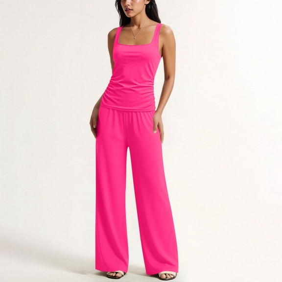 Karymi Overalls for Women 2-Piece Solid Outfit, Square Neck Ruched Tank Top High Waist Wide Leg Pants, Casual and Elegant Set Summer Outfits