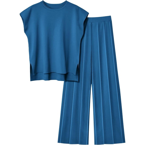 LILLUSORY - Conjunto de 2 piezas para mujer, casual, elegante, de punto, manga casquillo, parte superior alta y baja y pantalones pliss de cintura elástica