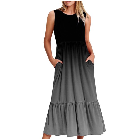 ylioge Summer Dresses for Women 2024, Womens Elegant Dress Ombre Tie Dye Casual Loose Short Sleeve Crewneck High Waisted Swing Pleated Hem Maxi Dresses Summer with Pockets Summer