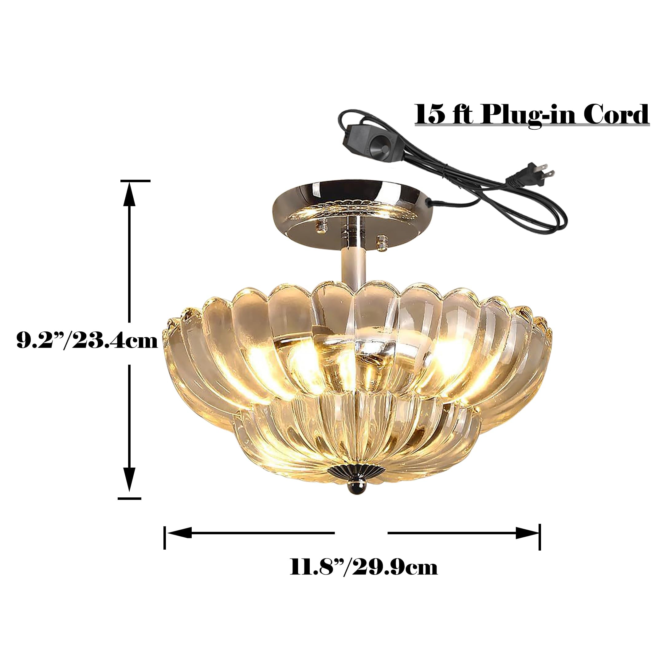 Kiven 11.8in Flush Mount Ceiling Light Fixture Dimmable, 3-Light Anti Glare Close to Ceiling Light with 15FT Plug-in Cord, Modern Glass Chandelier for Bedroom Kitchen Hallway