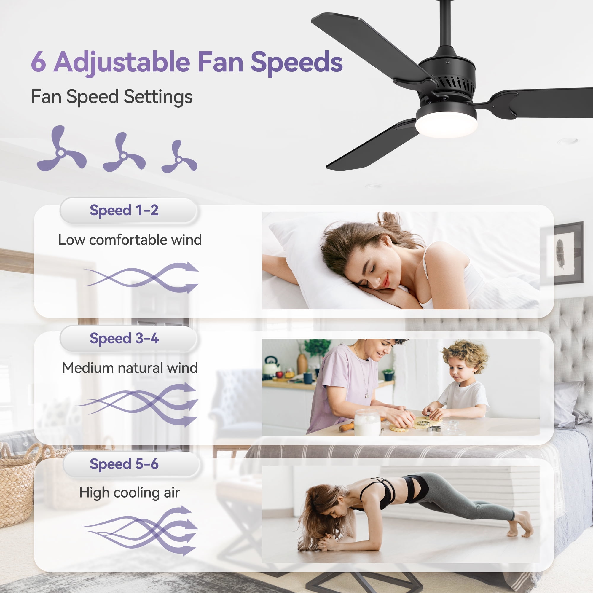 ALKAFY 2-Pack 42 inch Black Modern Ceiling Fan - 3-Blade Smart DC Motor, LED Light & Remote for Bedroom, Living Room