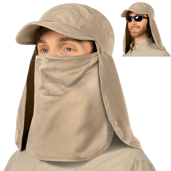 Fishing Sun Hat with Neck Flap for Men Women UPF 50 UV Protection Head Cover, Outdoor Bush Bucket Cap with Face Covering for Hiking Running Mowing Farming, Tan