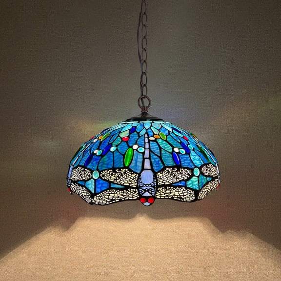 Tiffany Pendant Light 2 Light 16 Inches Wide Antique Blue Dragonfly Style Stained Glass Hanging Lamp for Dining Room Kitchen Island Home Farmhouse