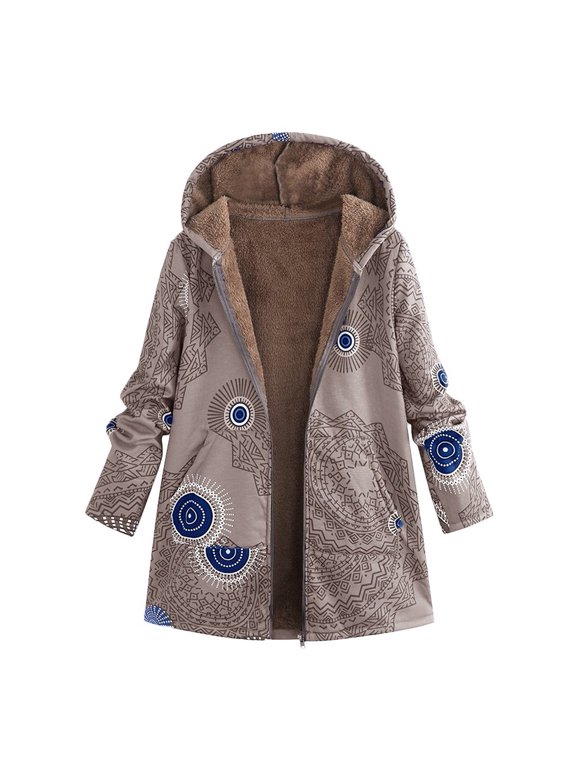 Womens Winter Warm Outwear Print Hooded Pockets Vintage Oversize Coats Khaki XXXXXL