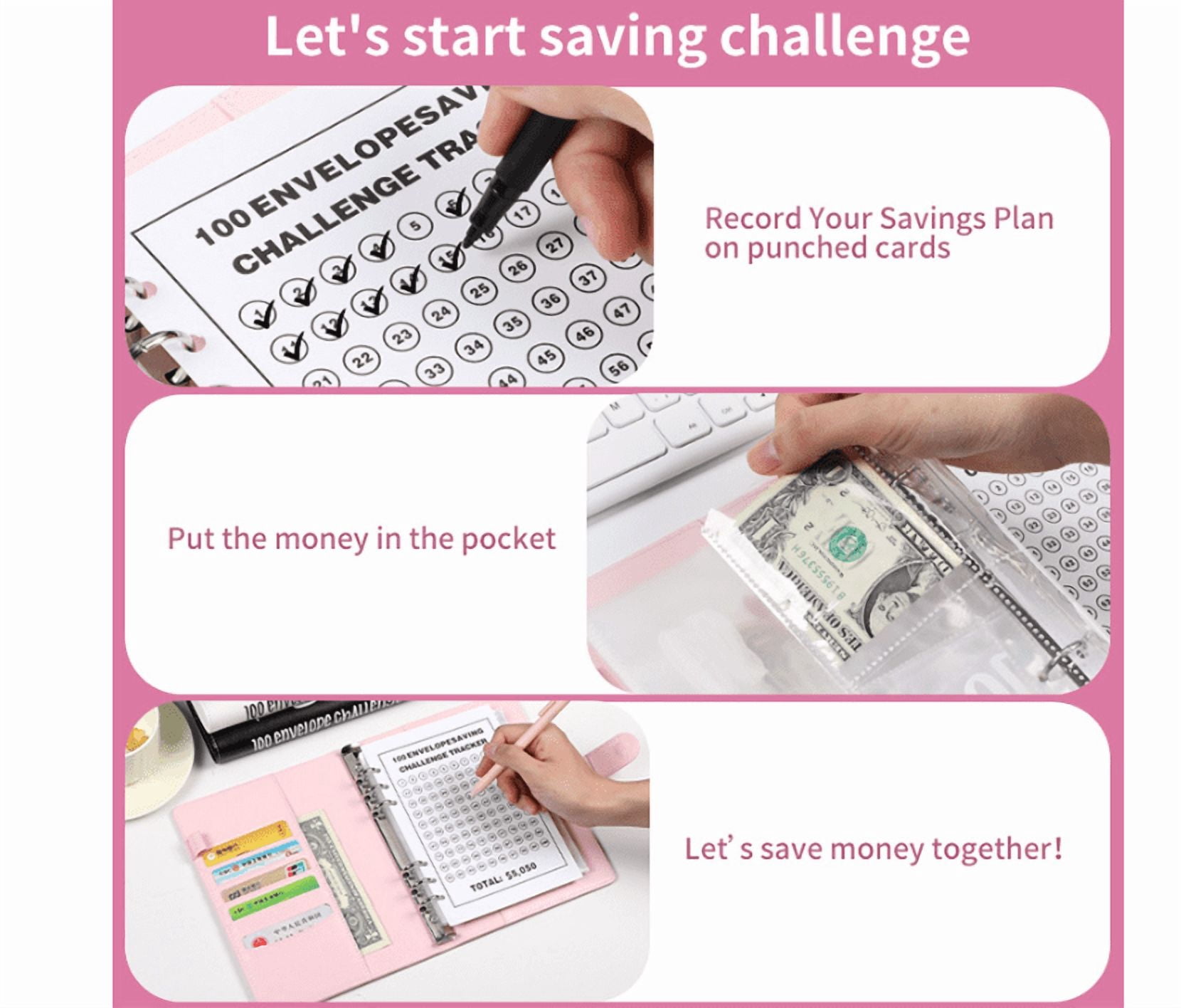 PandaTop 100 Envelopes Money Saving Challenge Binder, Budget Binder with Cash Envelopes, Money Saving Binder 100 Pocket Pre-Numbered, Fun Way to Save $5050, Pink