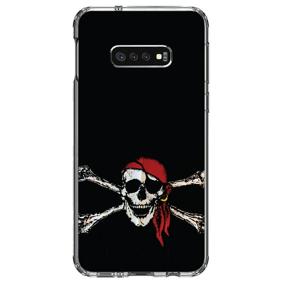 DistinctInk Clear Shockproof Hybrid Case for Samsung Galaxy S10e (5.8" Screen) - TPU Bumper, Acrylic Back, Tempered Glass Screen Protector - Black Red Pirate Flag
