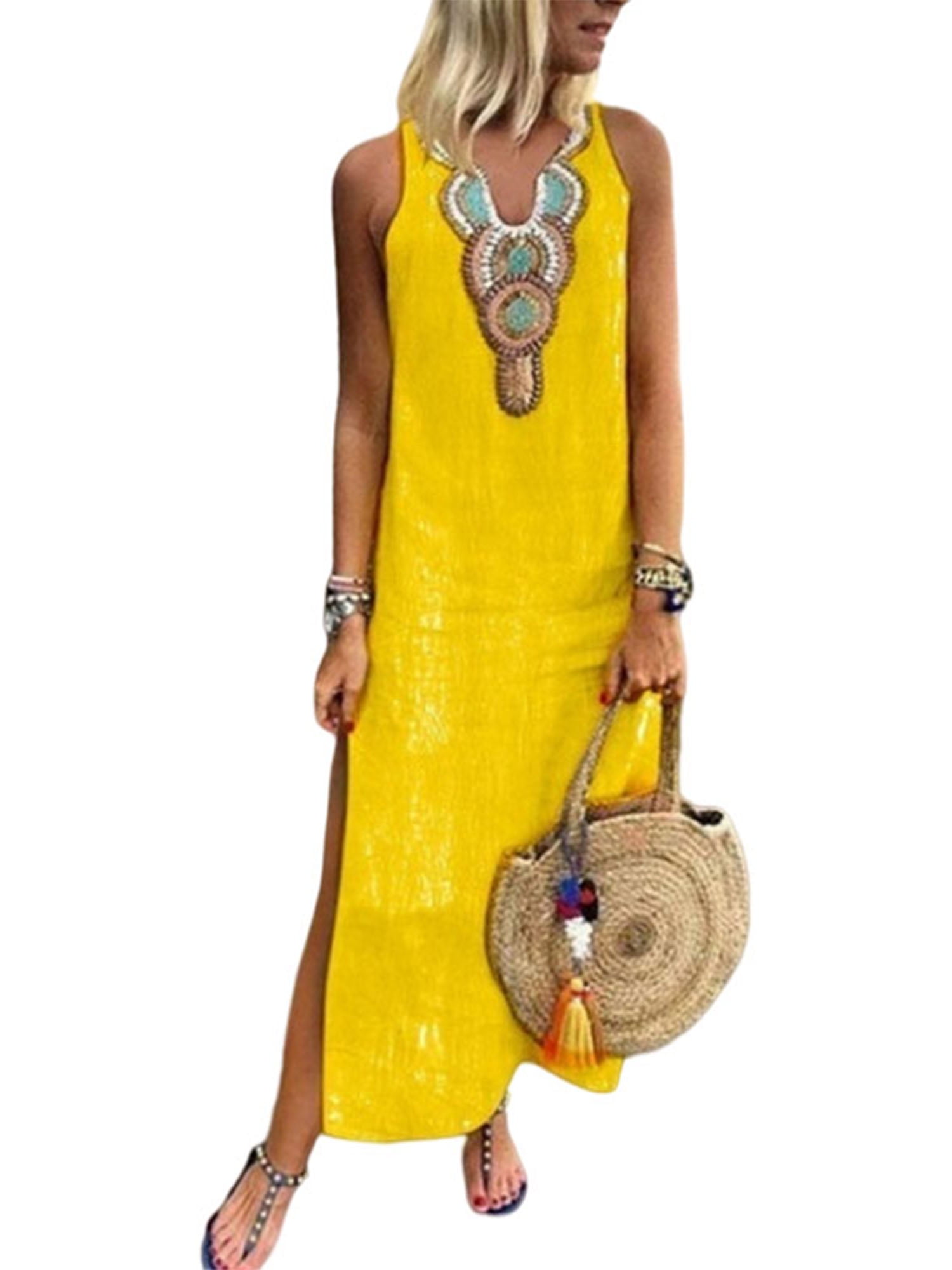 Women Cotton Ethnic Long Shirt Dress Summer Sundress Splice Floral Tank Dress