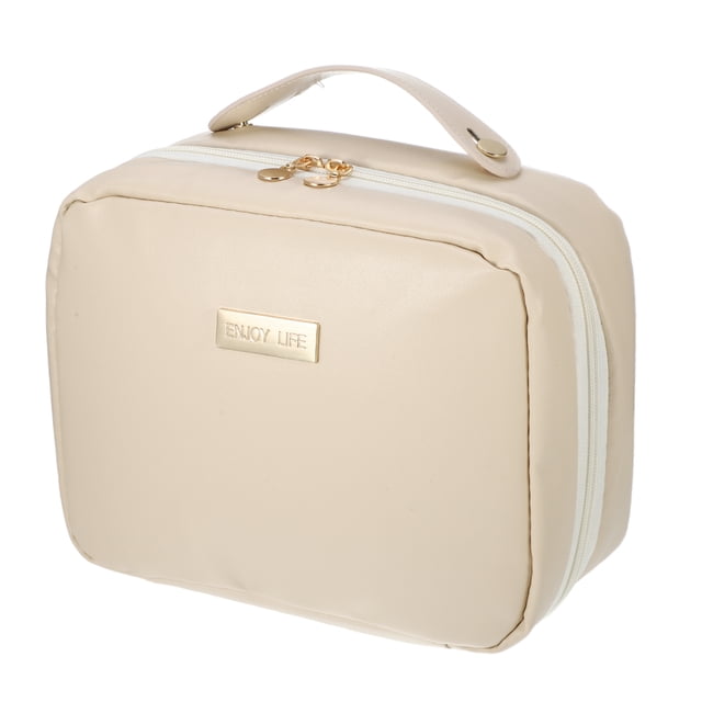 Bolsa de aseo de viaje, bolsa de maquillaje de gran capacidad, bolsa cosmética de cuero PU para mujeres y niñas, color beige