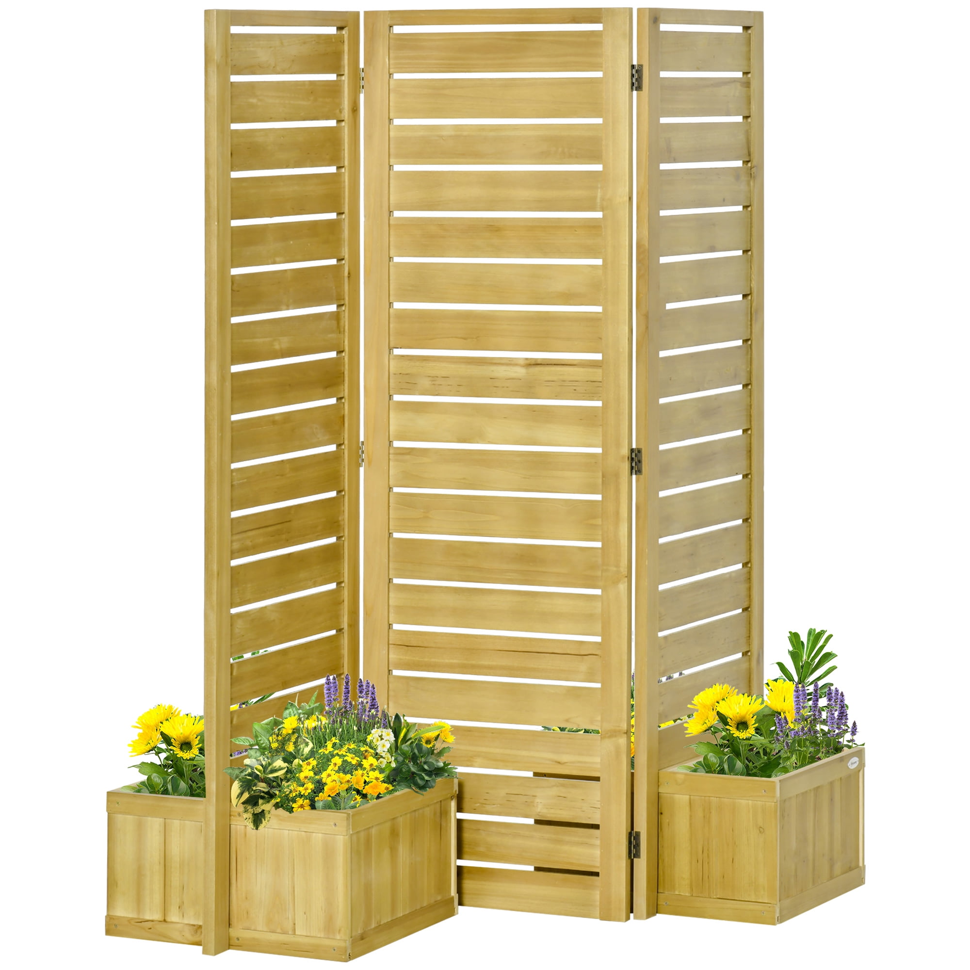 Outsunny Freestanding Outdoor Privacy Screen, 4 Self-Draining Planters / Raised Garden Beds, 3 Hinged Panels for Tub, Patio, Backyard, Deck, Natural - Walmart.com