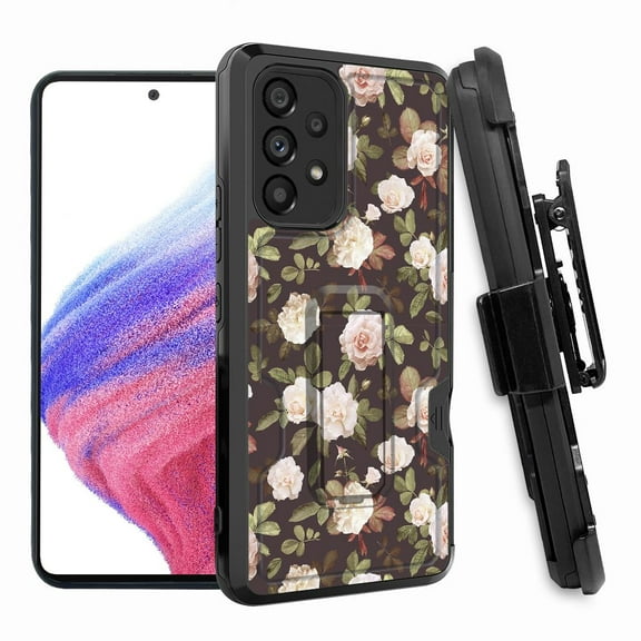 ANJ  Rugged Shockproof Hoster Case w/Card Slot, Kickstand   Tempered Glass Cover for Samsung Galaxy A33 5G - Classic Roses