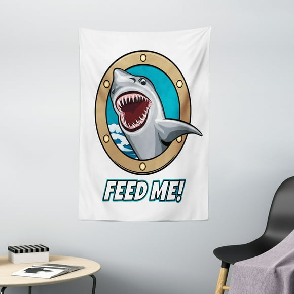 Sea Animal Decor Tapestry, Funny Vintage Quote with Hungry Hound Shark Head in Ship Window Humor Print, Wall Hanging for Bedroom Living Room Dorm Decor, 40W X 60L Inches, Multi, by Ambesonne