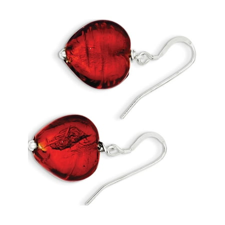 925 Sterling Silver Red Murano Glass Heart (17x38mm) Earrings