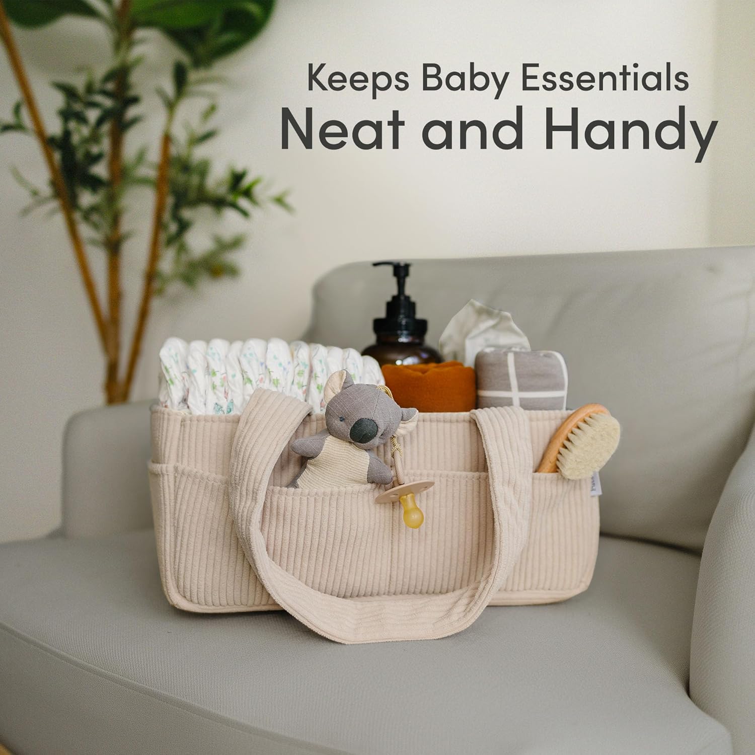 SONGAUN Baby Nappy Caddy Organiser for Changing Table – Stylish Nursery Storage Basket, Newborn Essentials, Baby Shower Gifts and Registry Must-Haves for Boy or Girl, Car Nappy Caddy, Corduroy Cream