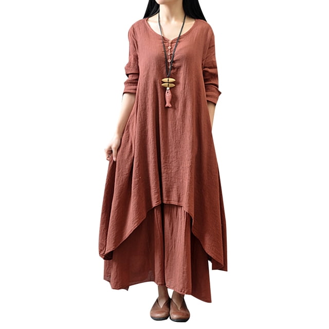 Vestido largo de algodón y lino informal de dos piezas falsas de corte holgado para mujer y niña AweSitey FS9904-10