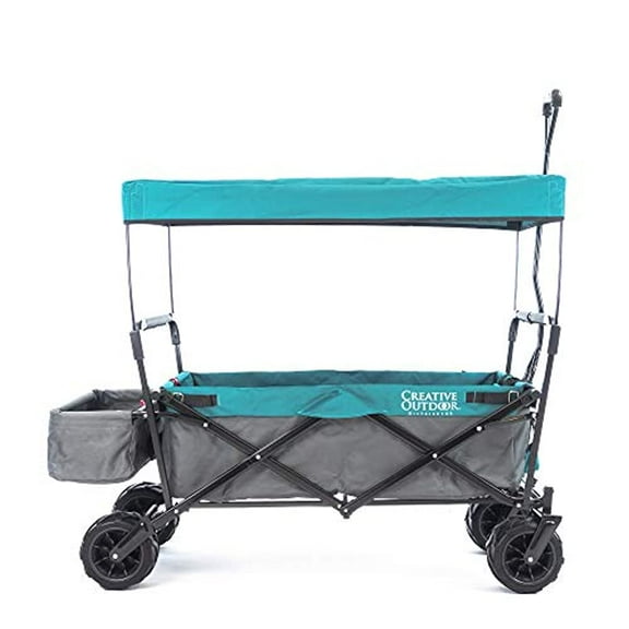 Creative Outdoor Collapsible Folding Wagon Cart for Cargo All Terrain Beach Park Garden Sports Camping Teal Gray with Canopy