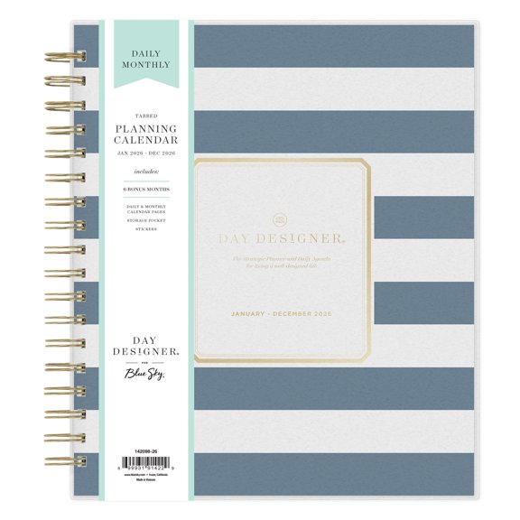 Blue Sky Day Designer 2026 Daily and Monthly Planner Calendar, January 2026 - December 2026, 8" x 10", Flexible Cover, Laminated Tabs, Includes Storage Pocket, Stickers, Rugby Stripe Navy