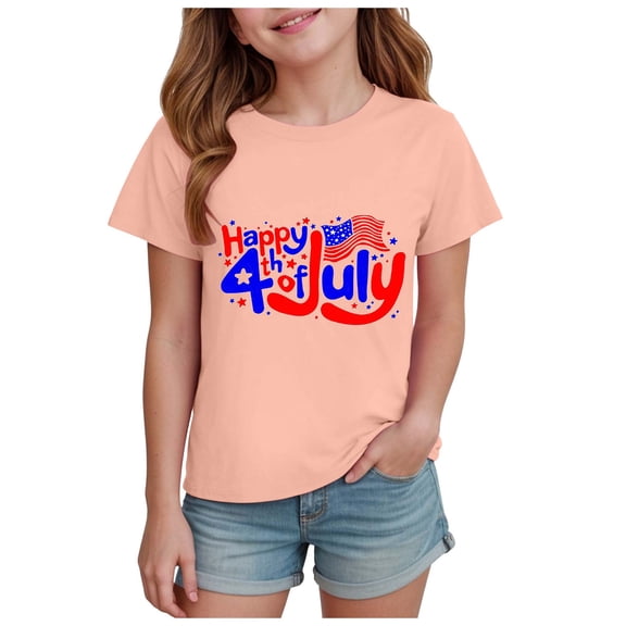 Gubotare Girls 4th of July Shirt Girls Summer T-Shirt,Trendy Graphic Short Sleeve Concert Tee Country Music Tshirt for Kids (Light Pink,Size 5-6 Years)