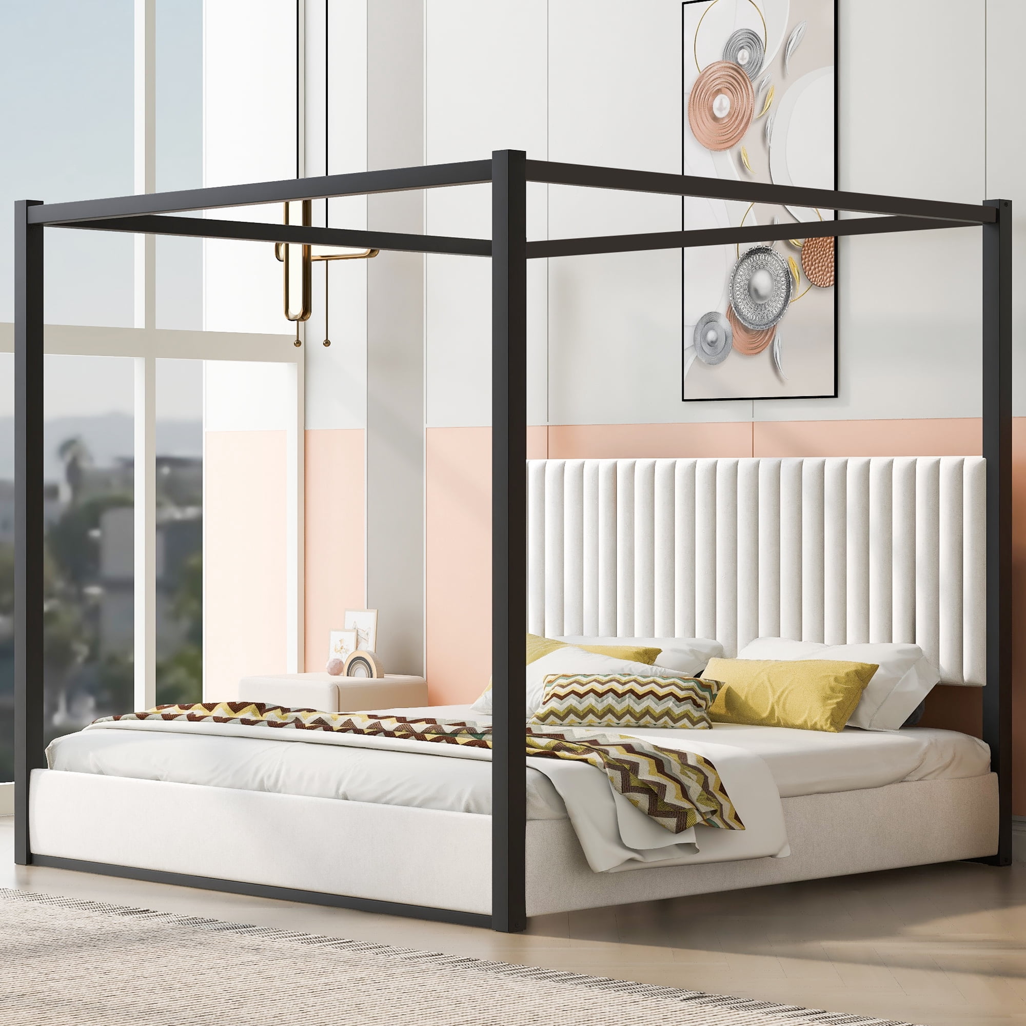 Euroco King Size Canopy Bed with Metal Frame and Upholstery Headboard, Black