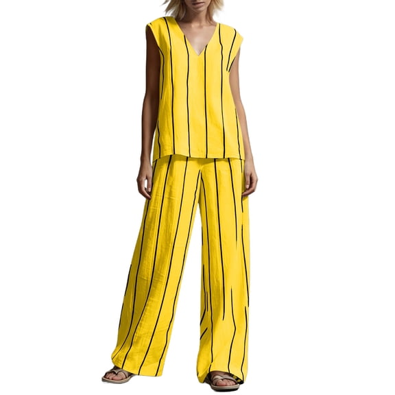 QSAWXQZ Women's Cotton Linen 2pc Outfit Sets Striped V Neck Sleeveless Tank Top Elastic Waist Wide Leg Pants with Pockets Casual for Summer XL