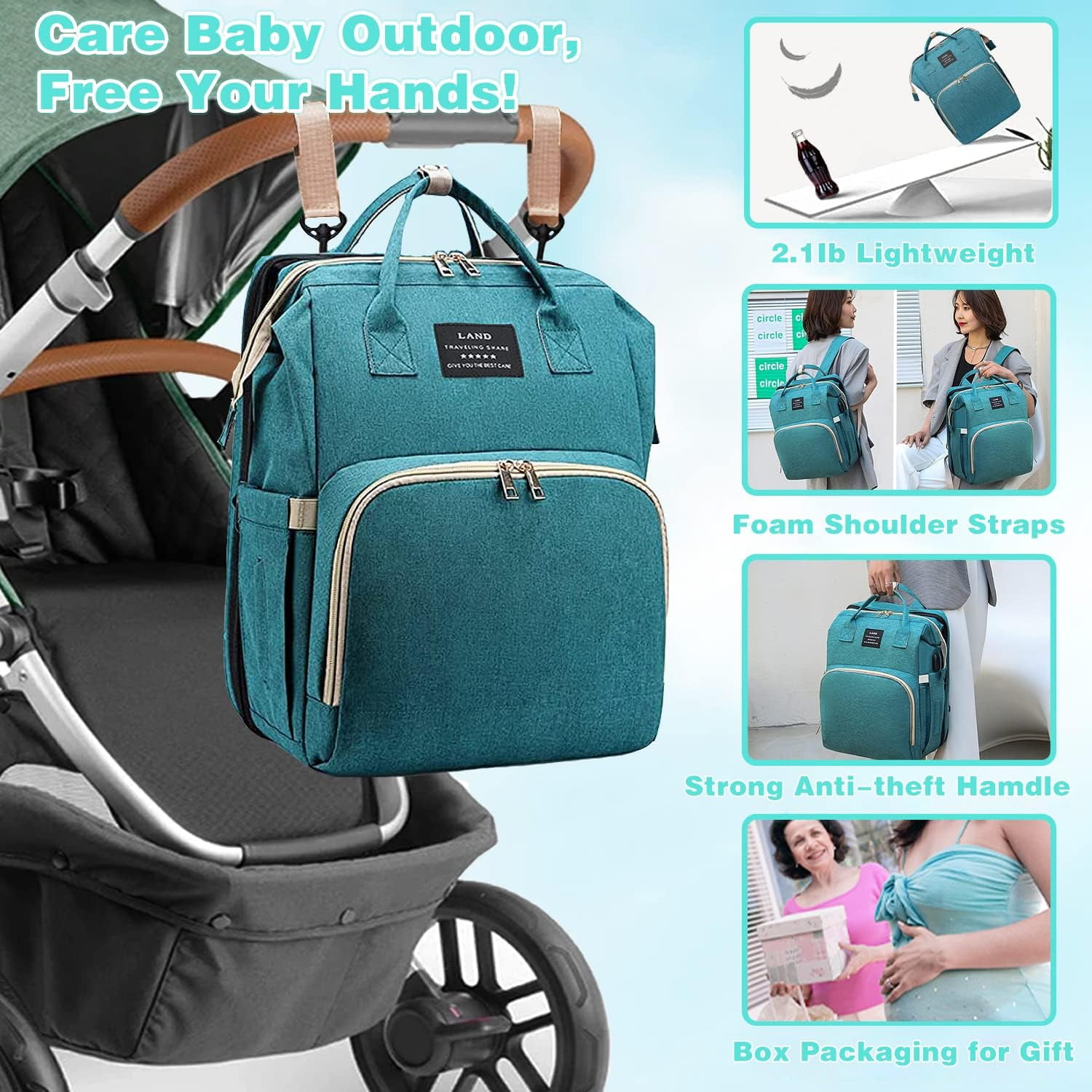 Diaper Bag Backpack, Multifunctional Baby Changing Bag with Foldable Crib & Insulated Milk Bottle Pockets, Large Capacity Portable Travel Backpack with USB Charging Port, Nappy Bag for MomsDads(Green)